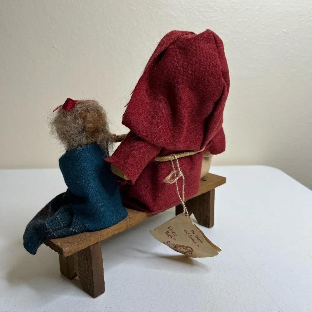 Vintage Lizzie High Wooden Folk Dolls Removable Santa Child Bench Handcrafted